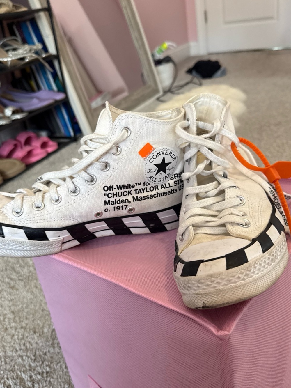 Converse White & Black Checker High-Top Kids Sneakers with Orange Tag